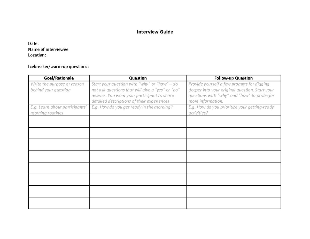Interview Guide - LEcture notes - Interview Guide Date: Name of ...