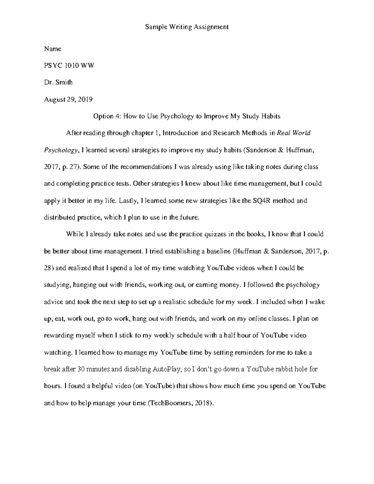 Sample Writing Assignment 2019 - Sample Writing Assignment Name PSYC ...