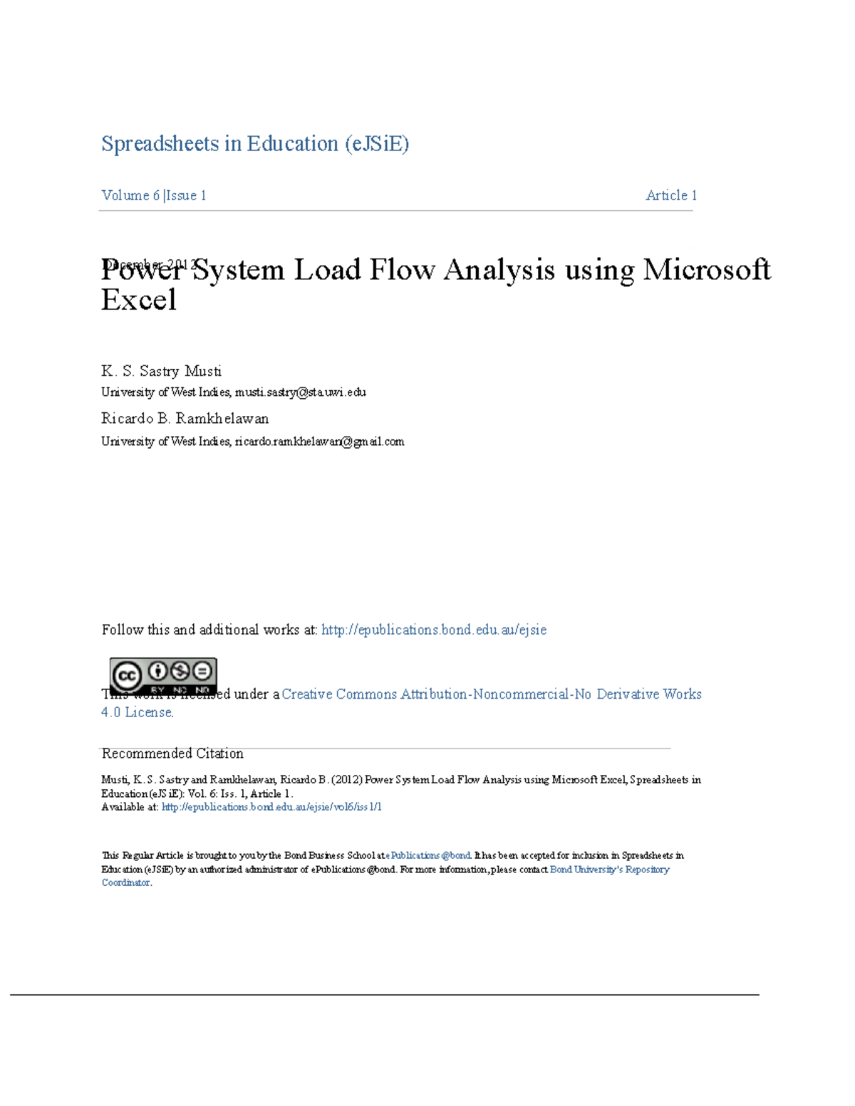 Power System Load Flow Analysis Using Excel (eJSiE) Vol. 6, Art. 1 ...