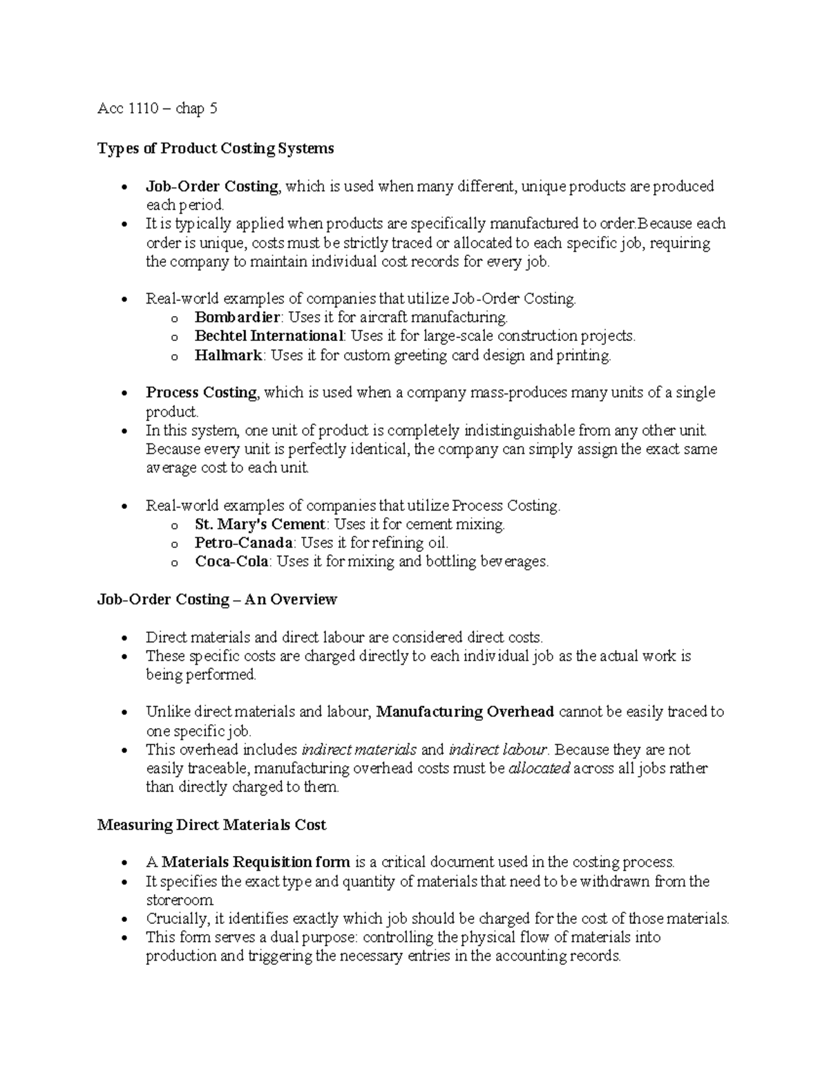 Acc 1110 Chapter 5 - Types of Product Costing Systems Explained - Studocu