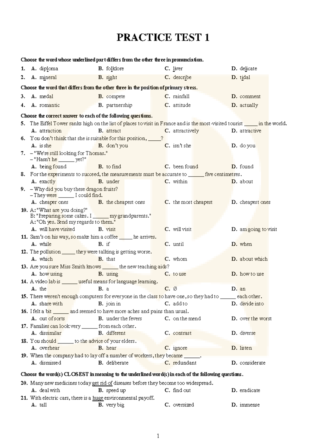 Đề tham khảo thi THPT - Practice TEST 1 - Studocu