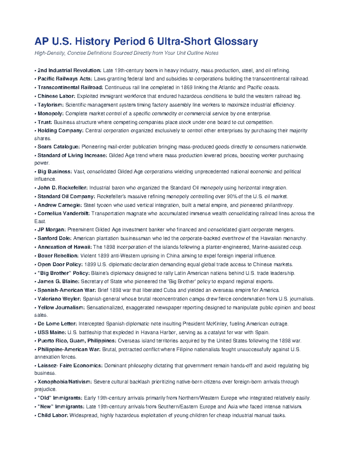 APUSH Period 6: Concise Vocabulary Definitions for Key Concepts - Studocu