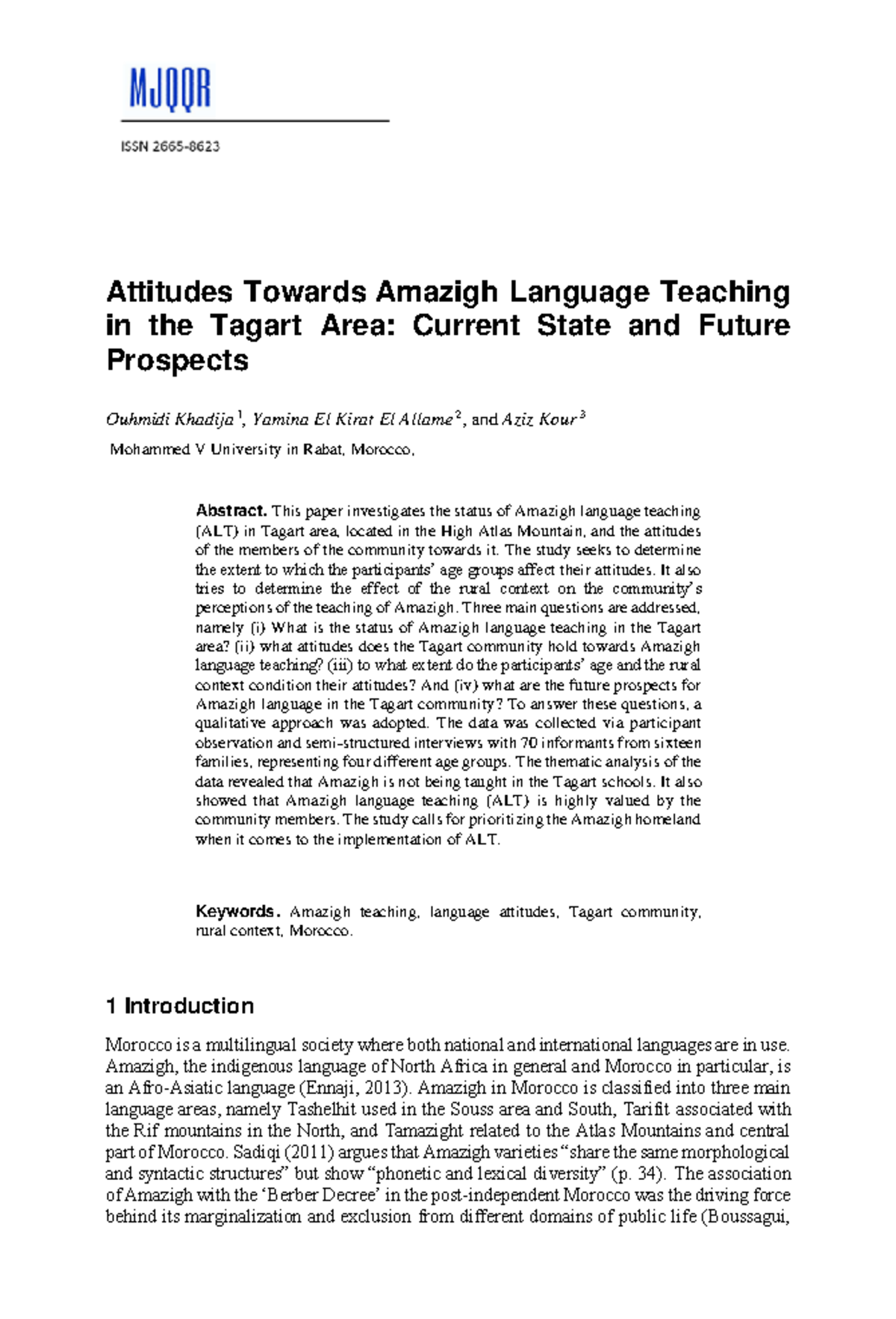 Attitudes Towards Amazigh Language Teaching in Tagart Area: Current ...