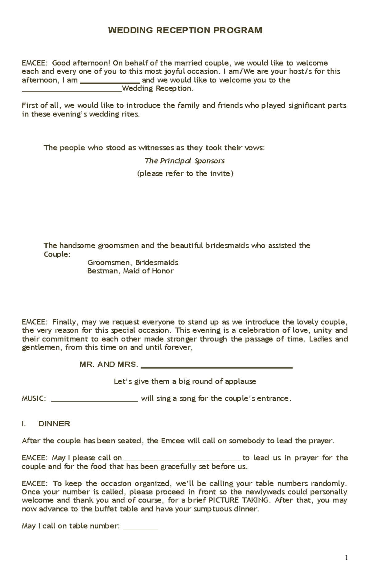 Program Script for Golden Wedding Reception - Studocu