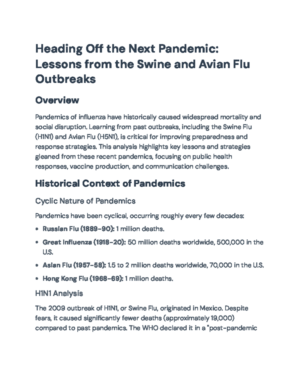 Lessons from Pandemic Influenza: H1N1 and H5N1 Response Strategies ...
