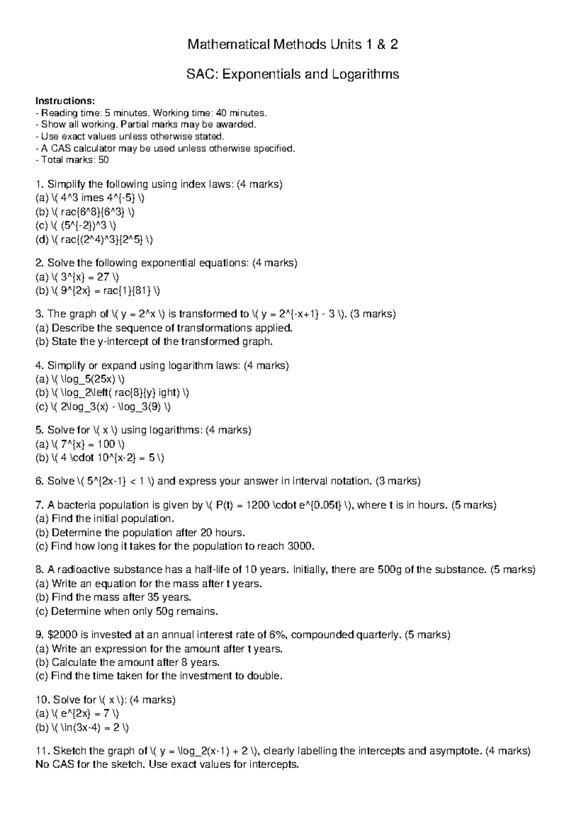 Mathematical Methods Units 1 2 SAC: Exponentials & Logarithms Guide ...