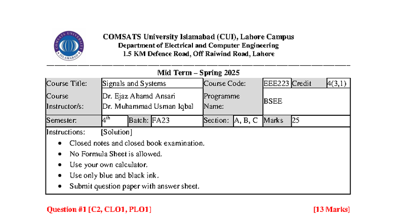 Midterm Solutions for Signals and Systems (CUI - ECE FA23) - Studocu