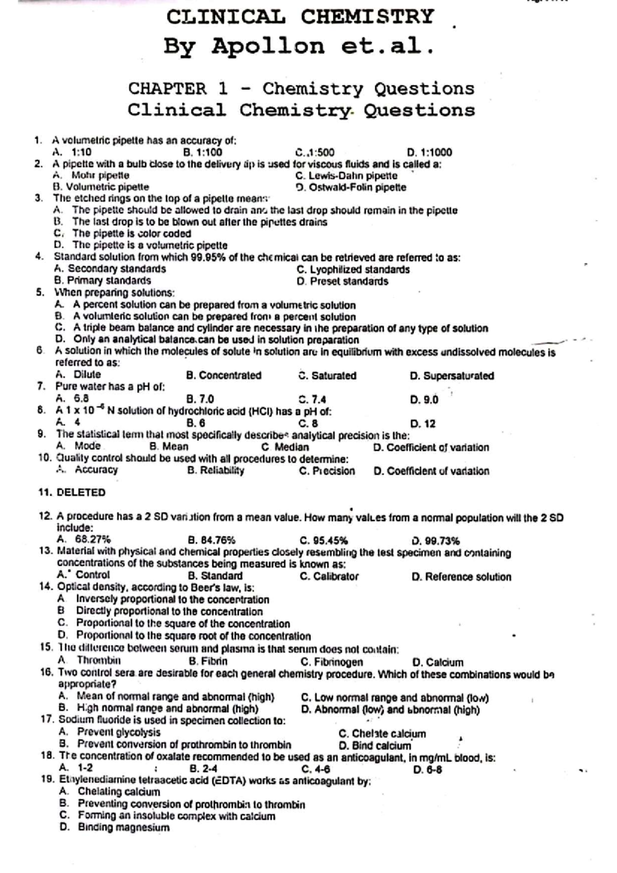 CLINICAL CHEMISTRY CC 1: Comprehensive Questions and Answers - Studocu