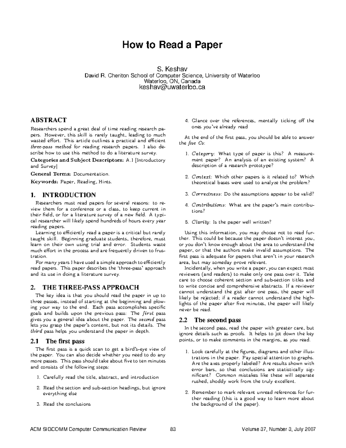 Efficient Paper Reading Techniques: A Three-Pass Approach (CS-101 ...