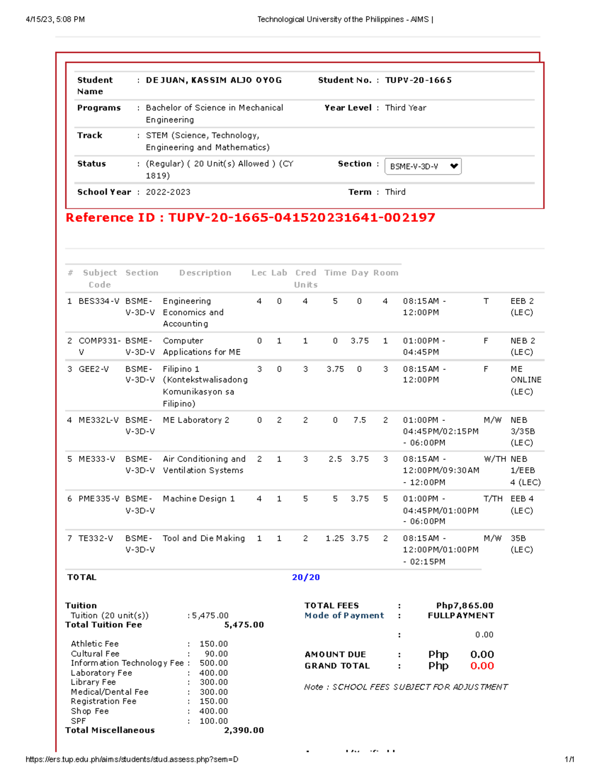 TUP - AIMS: Student Information and Tuition Summary for BSME-V-3D-V ...