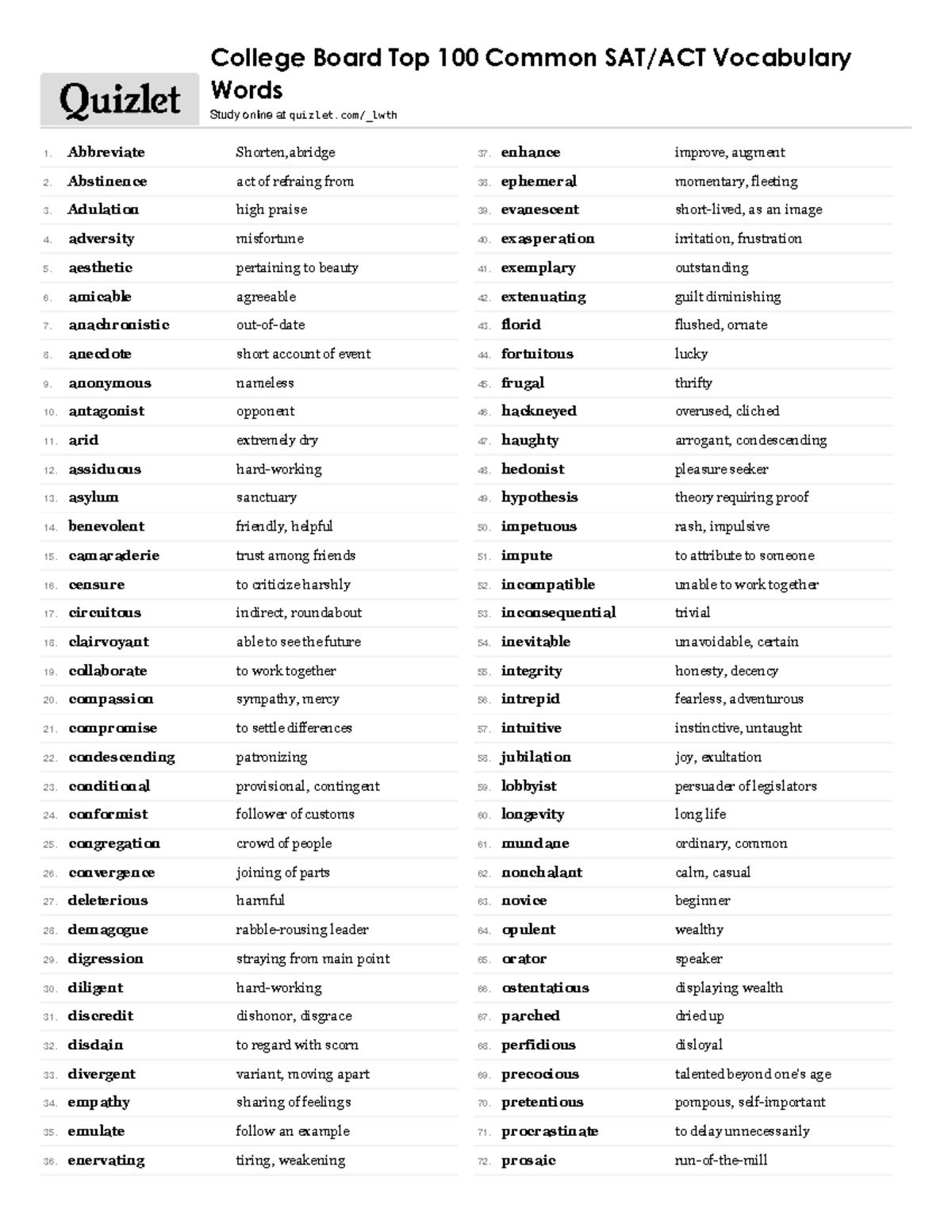 Top 100 Common SAT/ACT Vocabulary Words | Study Guide 2023 - Studocu
