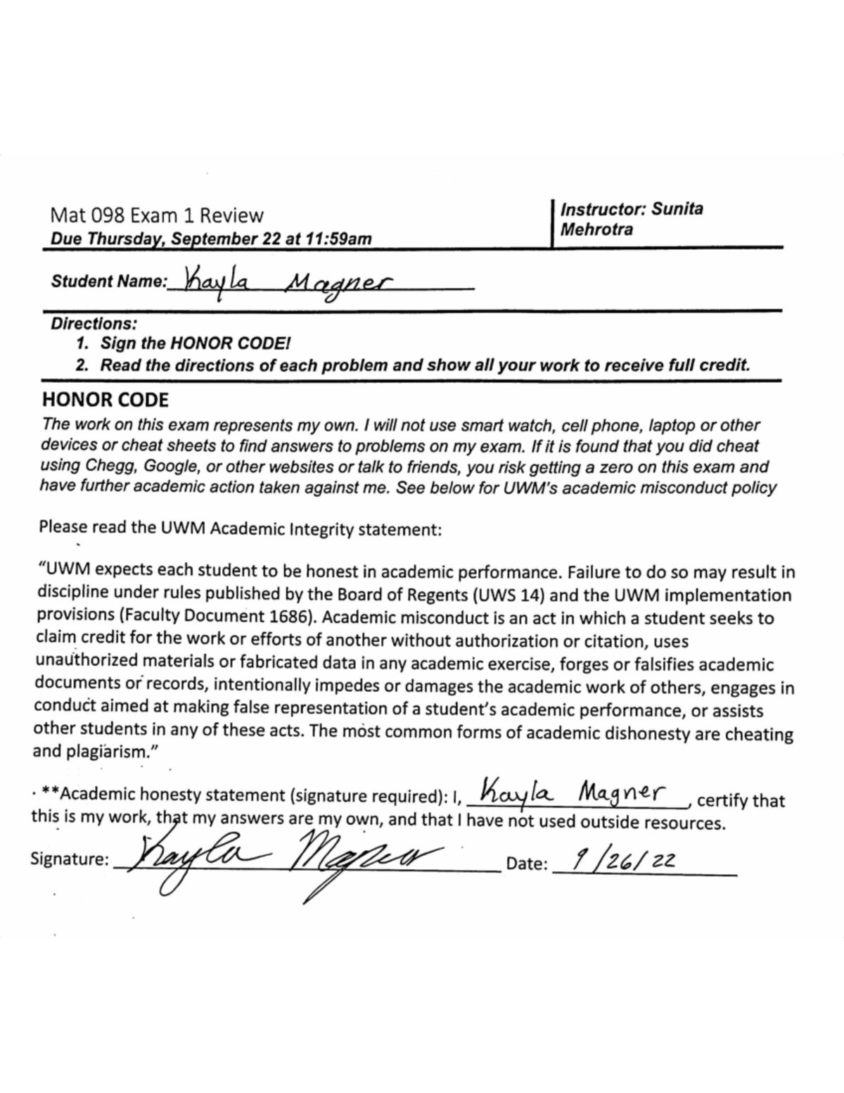 Mat 098 Exam 1 Review: Key Concepts and Academic Integrity Guidelines ...