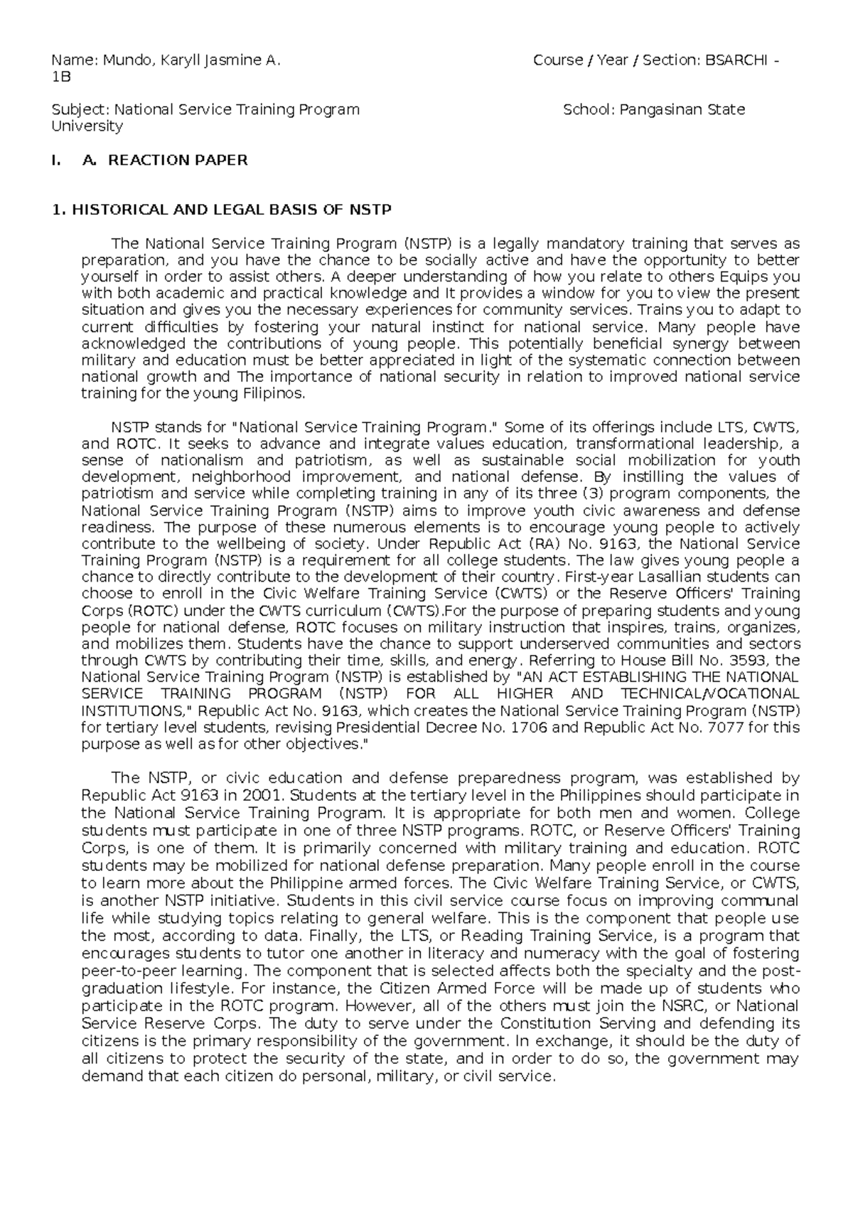 NSTP 1B - Reaction Paper on National Service Training Program - Studocu