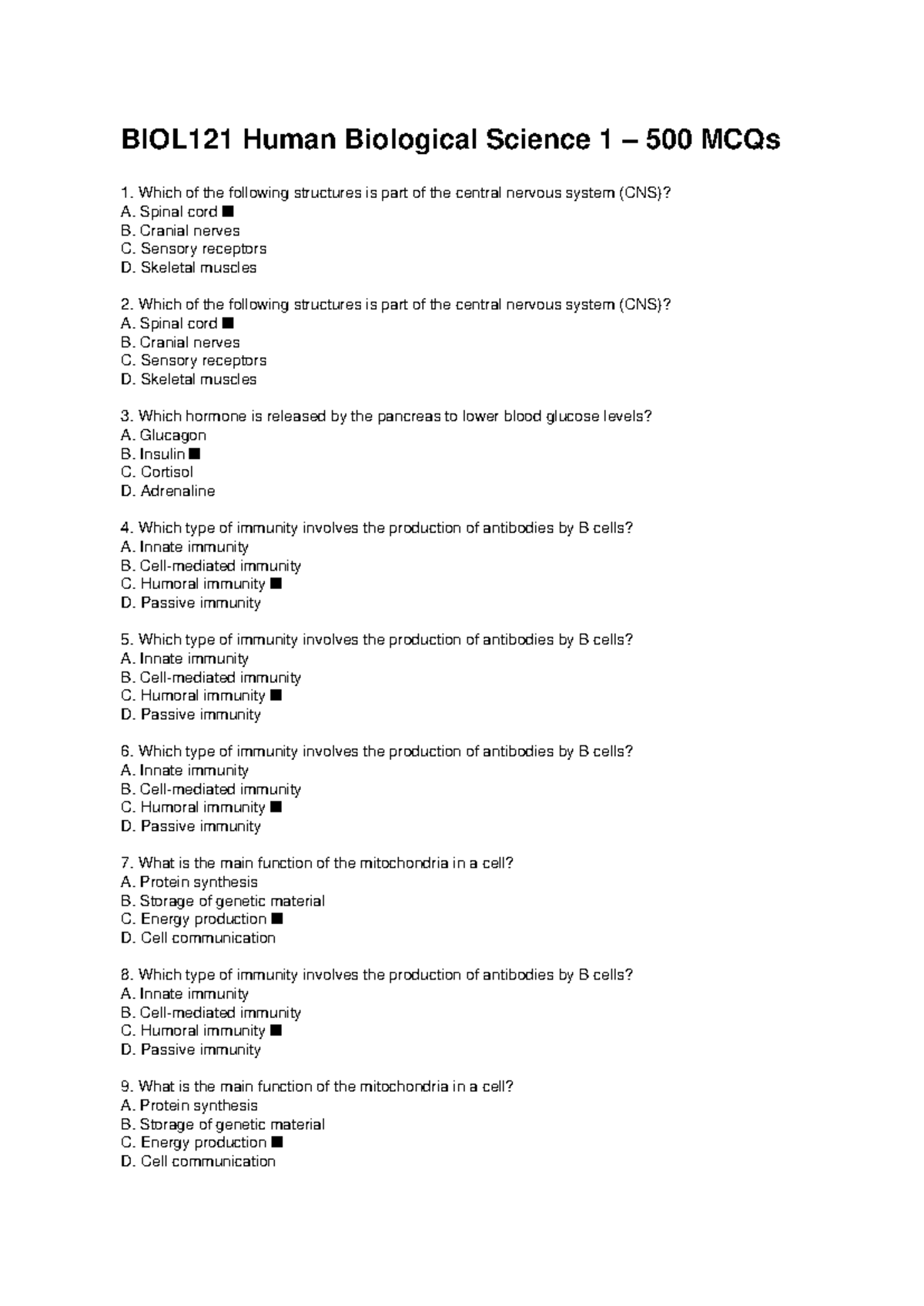BIOL121 Human Biological Science 1: 500 MCQs Review - Studocu
