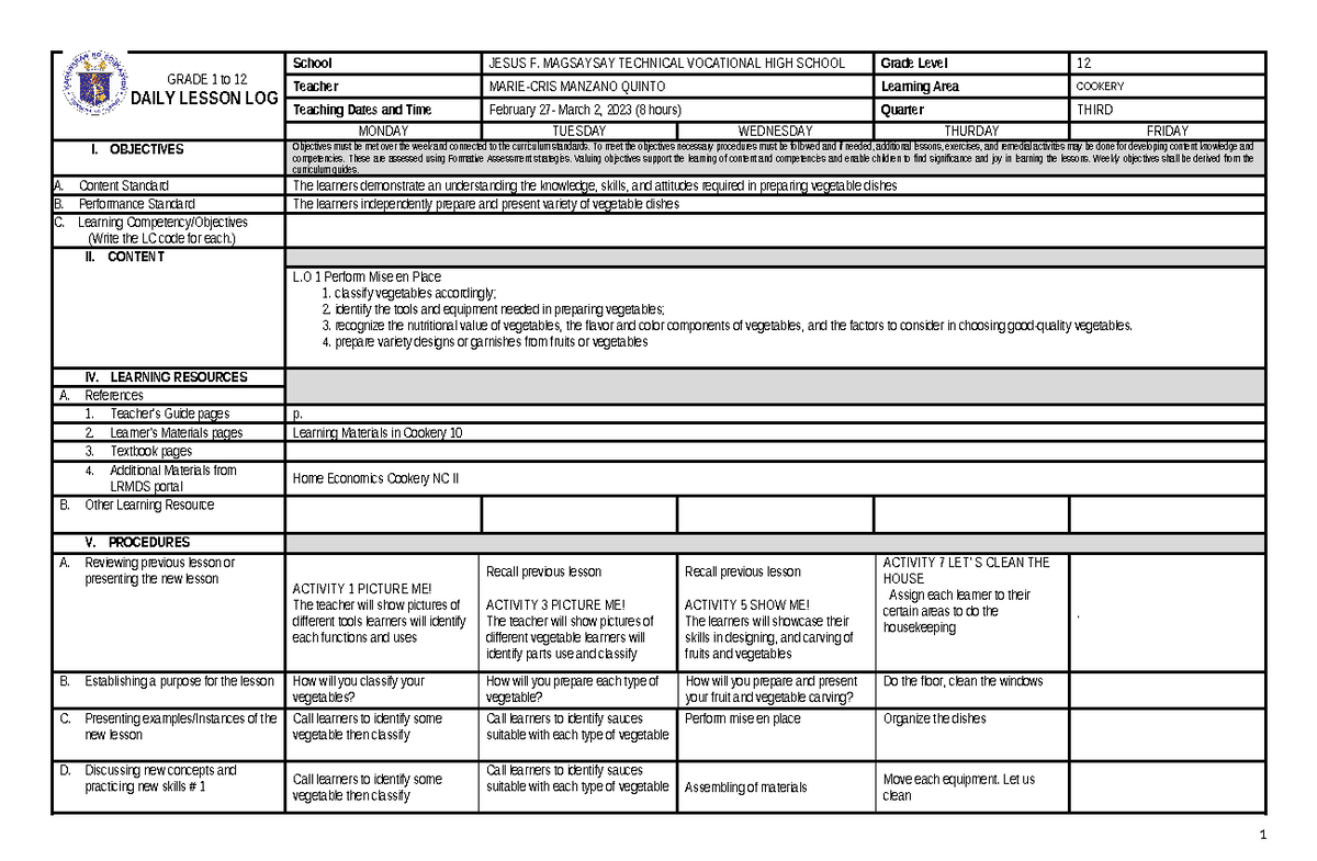DLL- Cookery 12 - Q3 Week 2 Lesson Log and Activities - Studocu