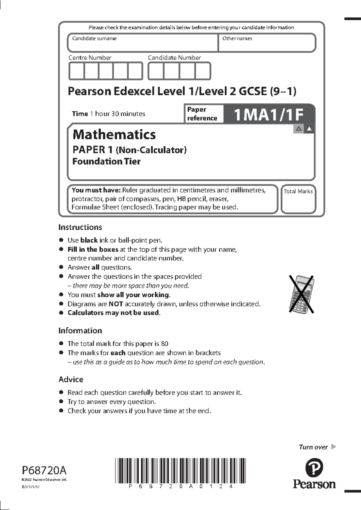 Httpswww.mathsgenie.co - Centre Number Candidate Number P68720A0124 ...