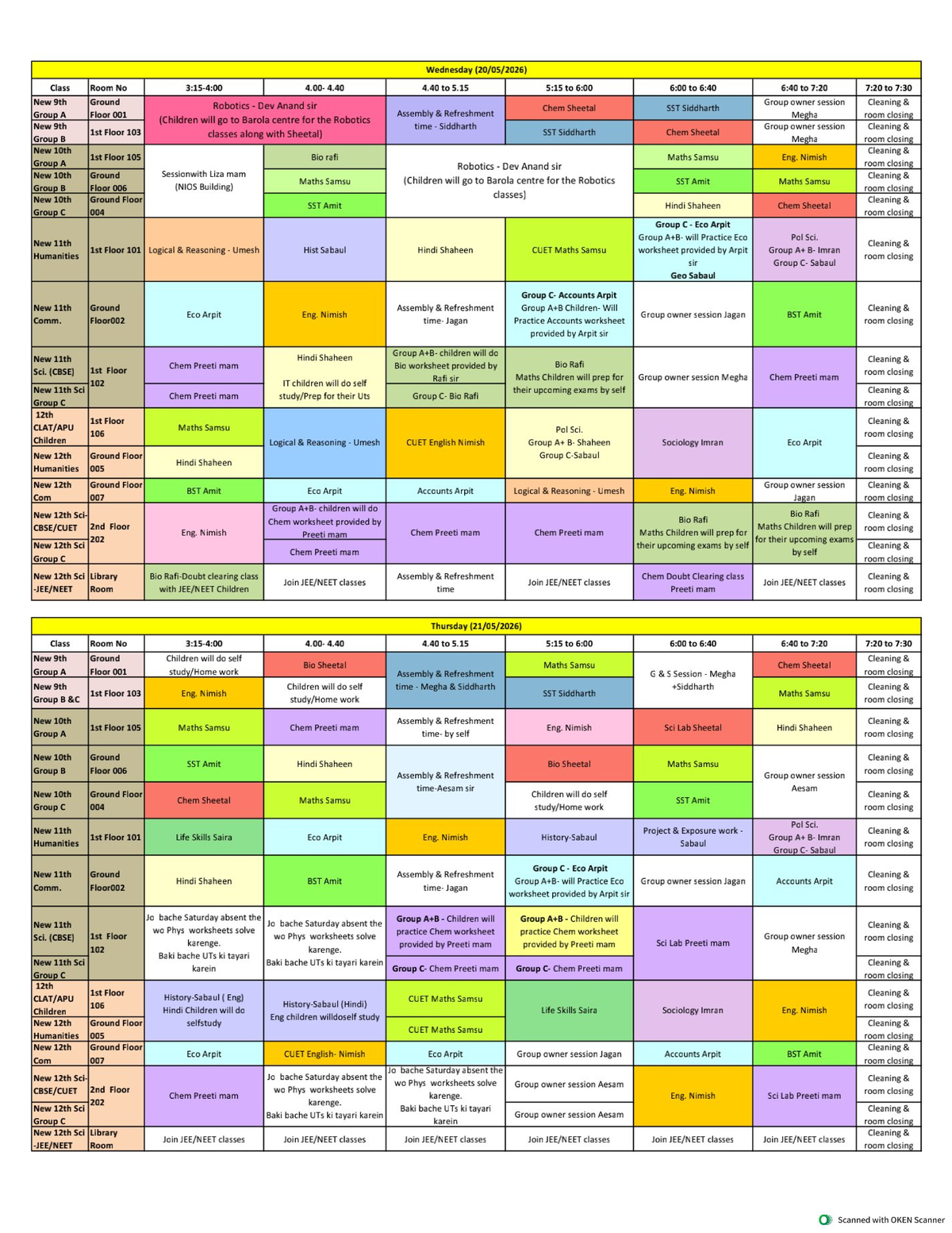 TT for Classes from 20th to 23rd May - Schedule Overview - Studocu