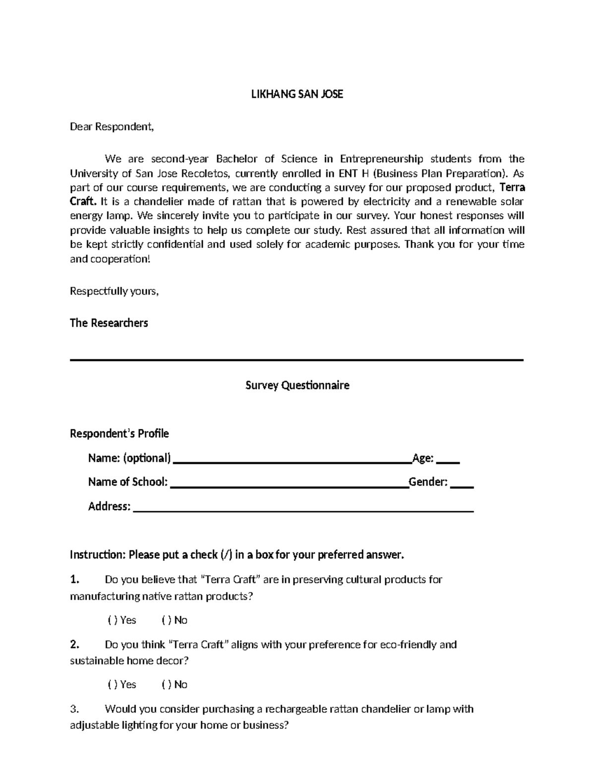 ENT H: Terra Craft Product Survey Questionnaire - Studocu
