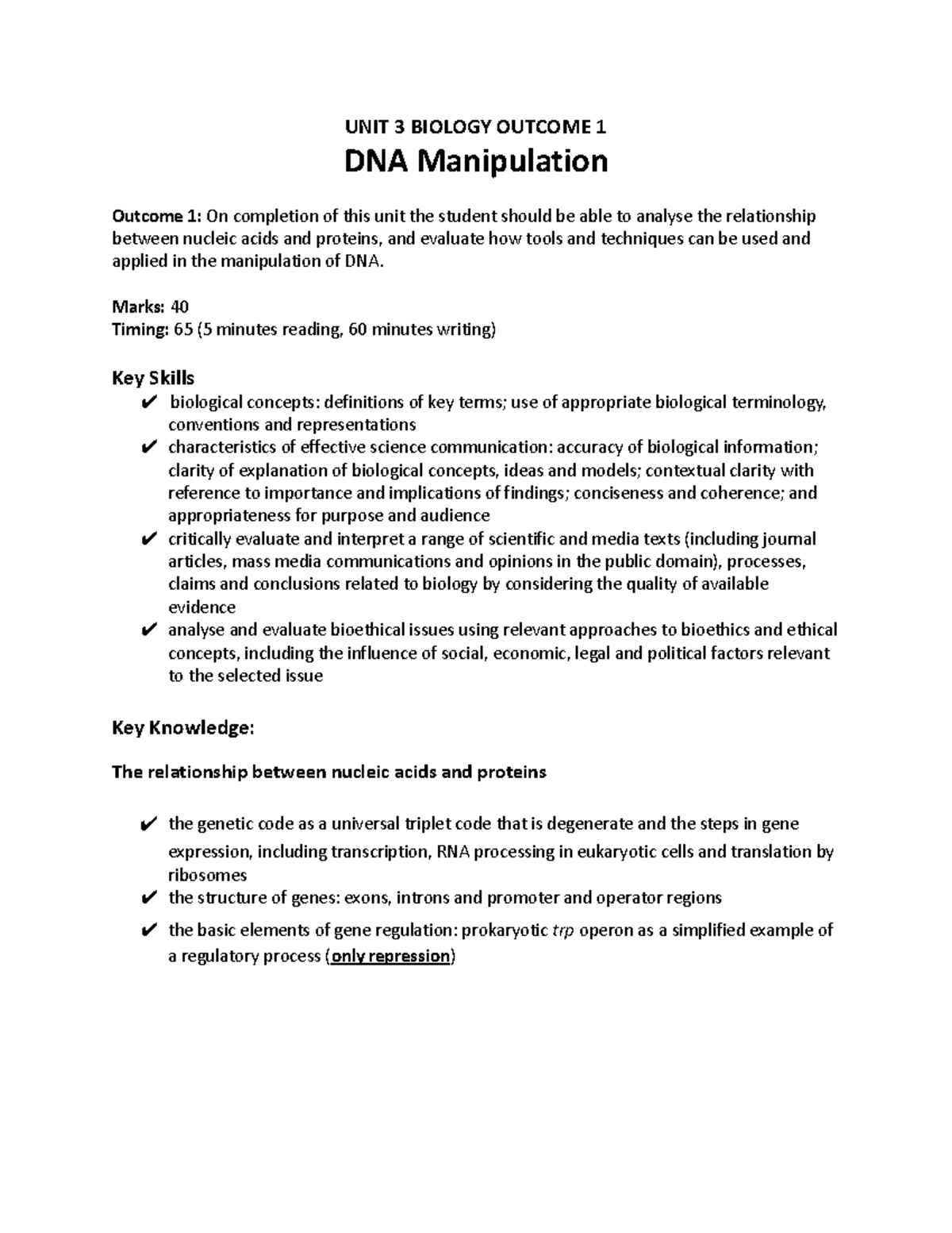Unit 3 Biology Outcome 1: DNA Manipulation - Studocu