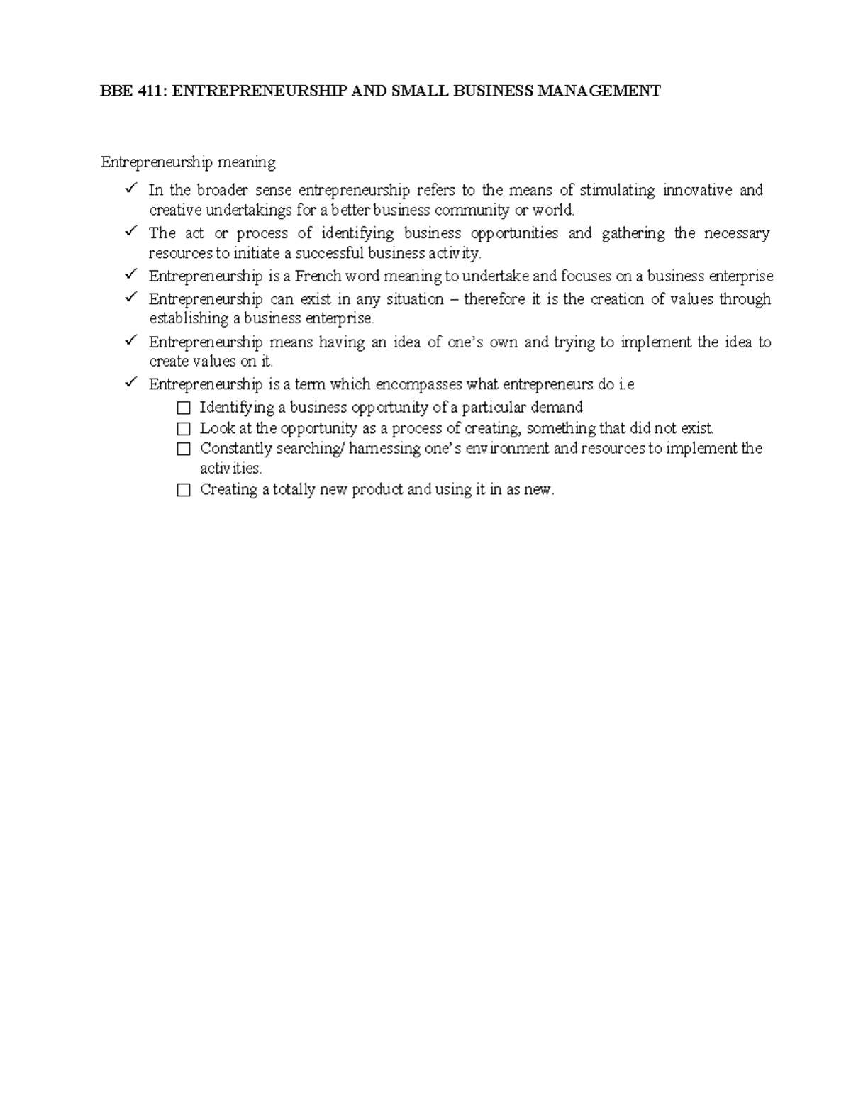 BBE 411: Entrepreneurship and Small Business Management Notes - Studocu