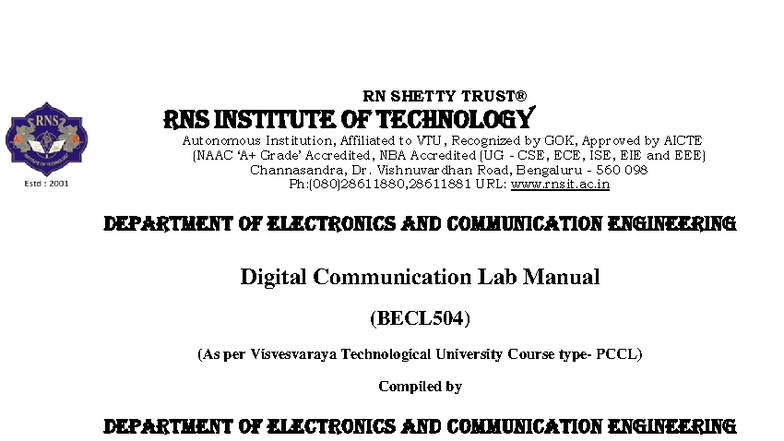 Digital Communication Lab Manual (BECL504) - RNSIT 2024 - Studocu