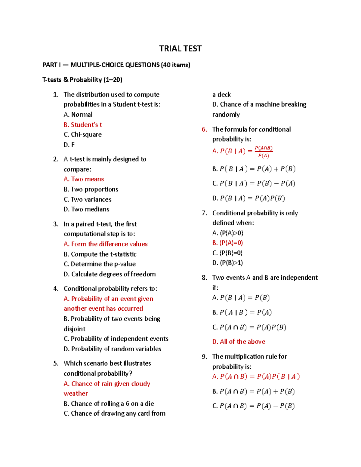 TRIAL TEST PART I & II QUESTIONS - PROBABILITY & STATISTICS - Studocu