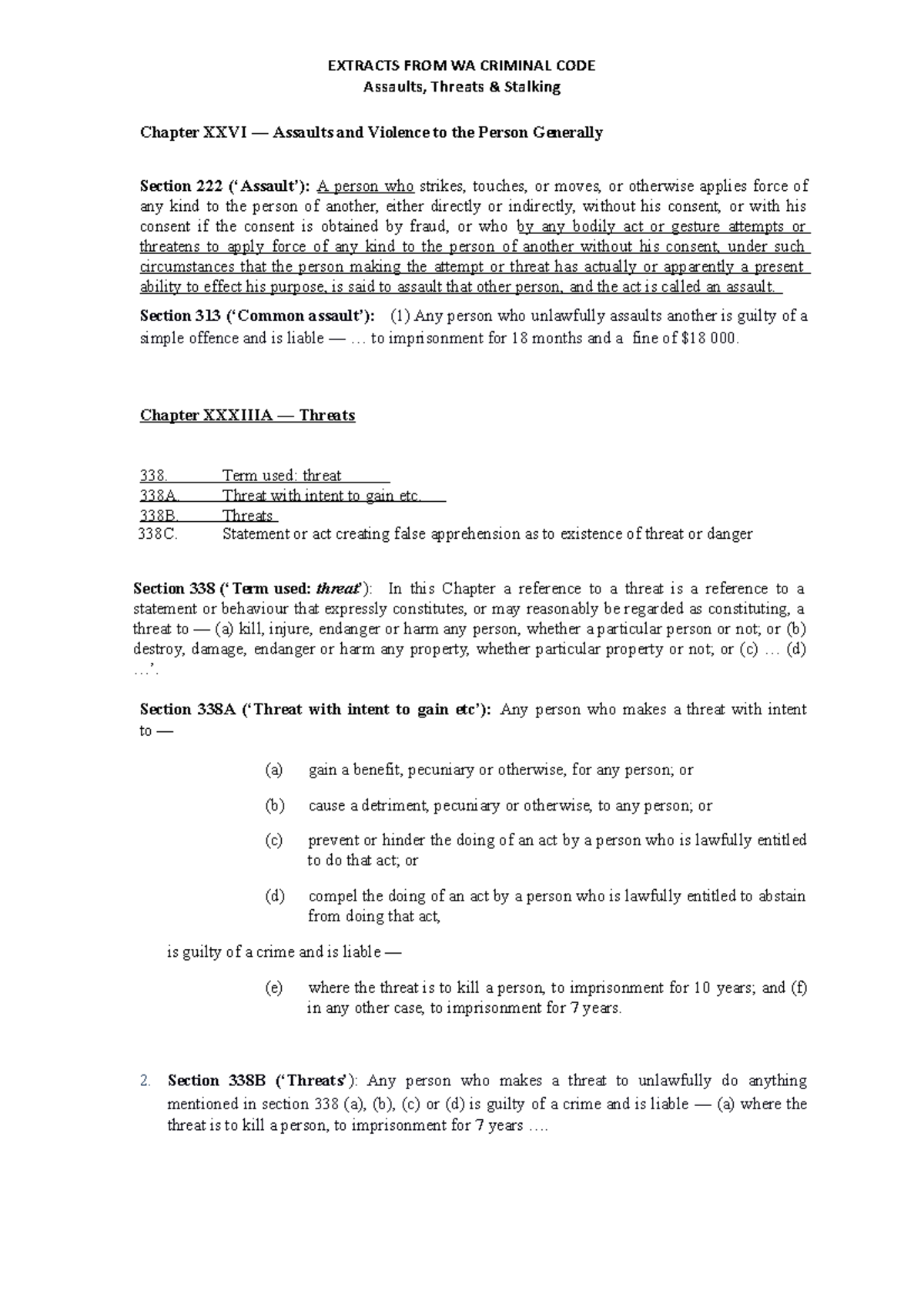 Assaults and Threats: Extracts from WA Criminal Code (WACC) - Studocu