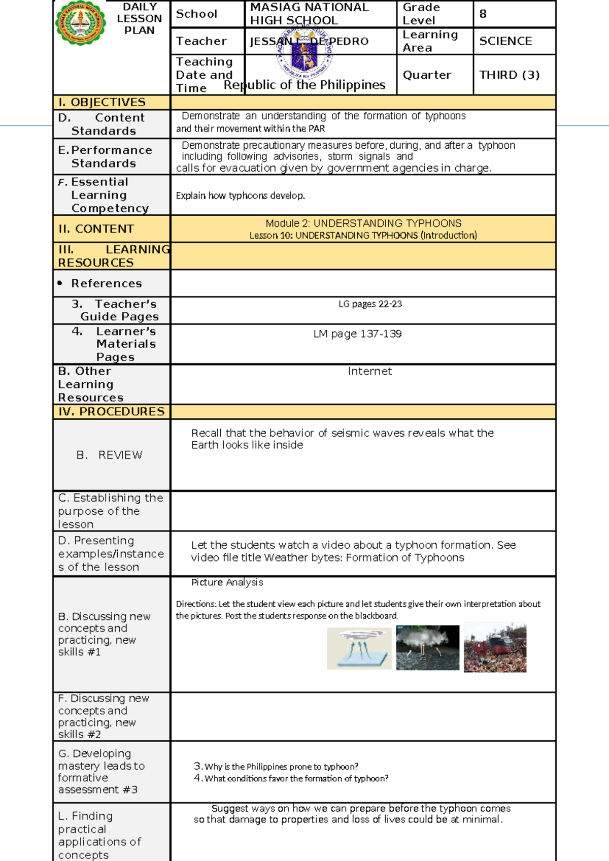 DAILY LESSON PLAN: UNDERSTANDING TYPHOONS (Grade 8 SCIENCE) - Studocu