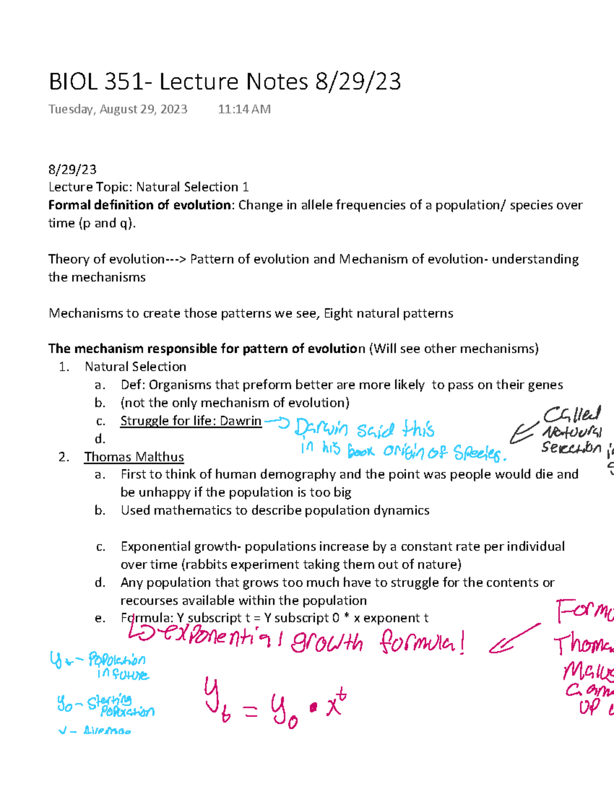 BIOL 351 - Lecture Notes on Natural Selection & Evolution (8/29/23 ...
