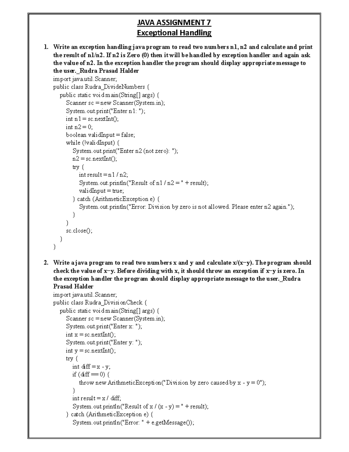 Rudra JAVA ASSIGNMENT 7 - Exception Handling Techniques - Studocu