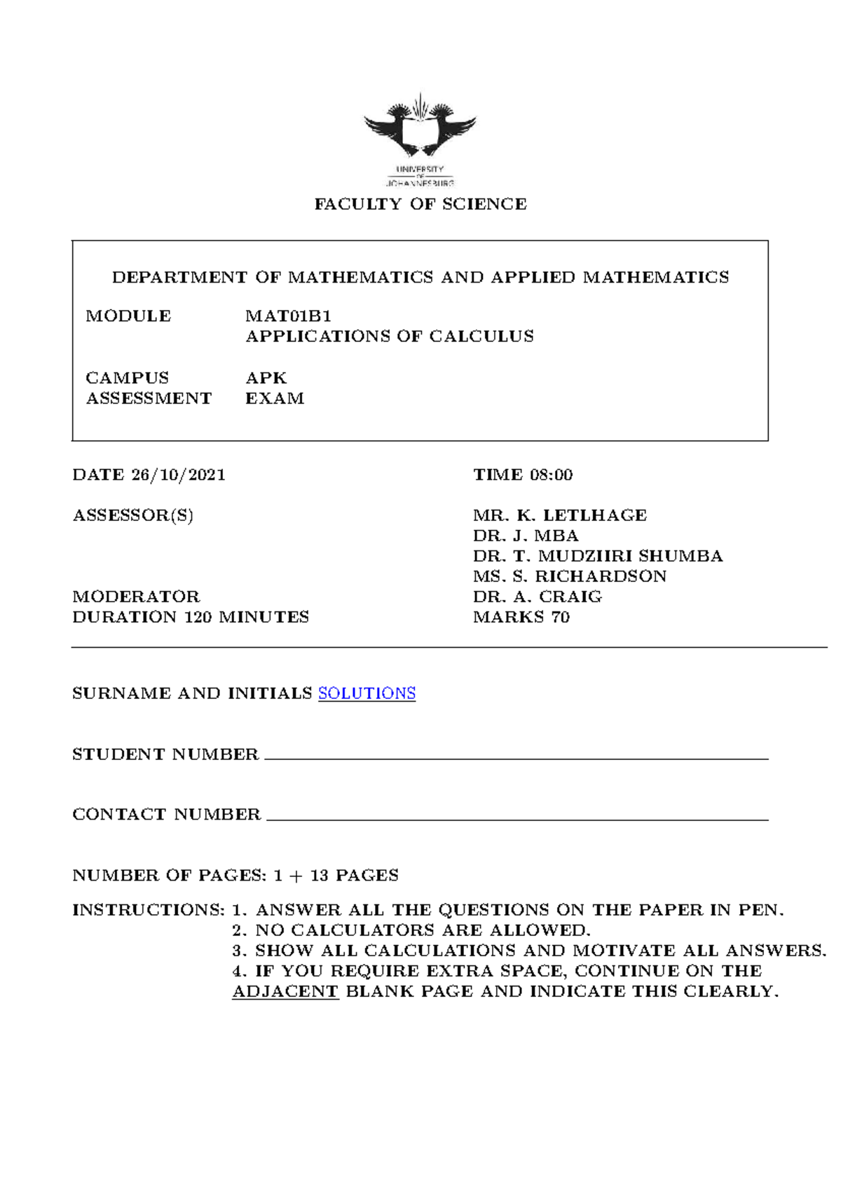 21 MAT01B1 Final Exam Solutions with Detailed Calculations and ...