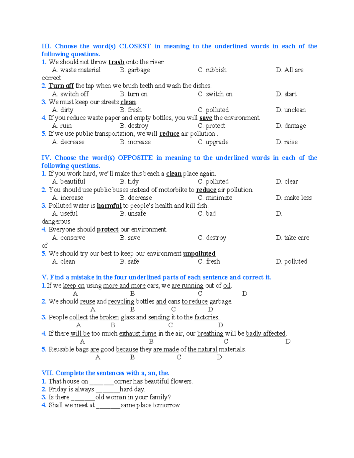 BTVN UNIT 11 - Vocabulary and Grammar Exercises on Pollution - Studocu