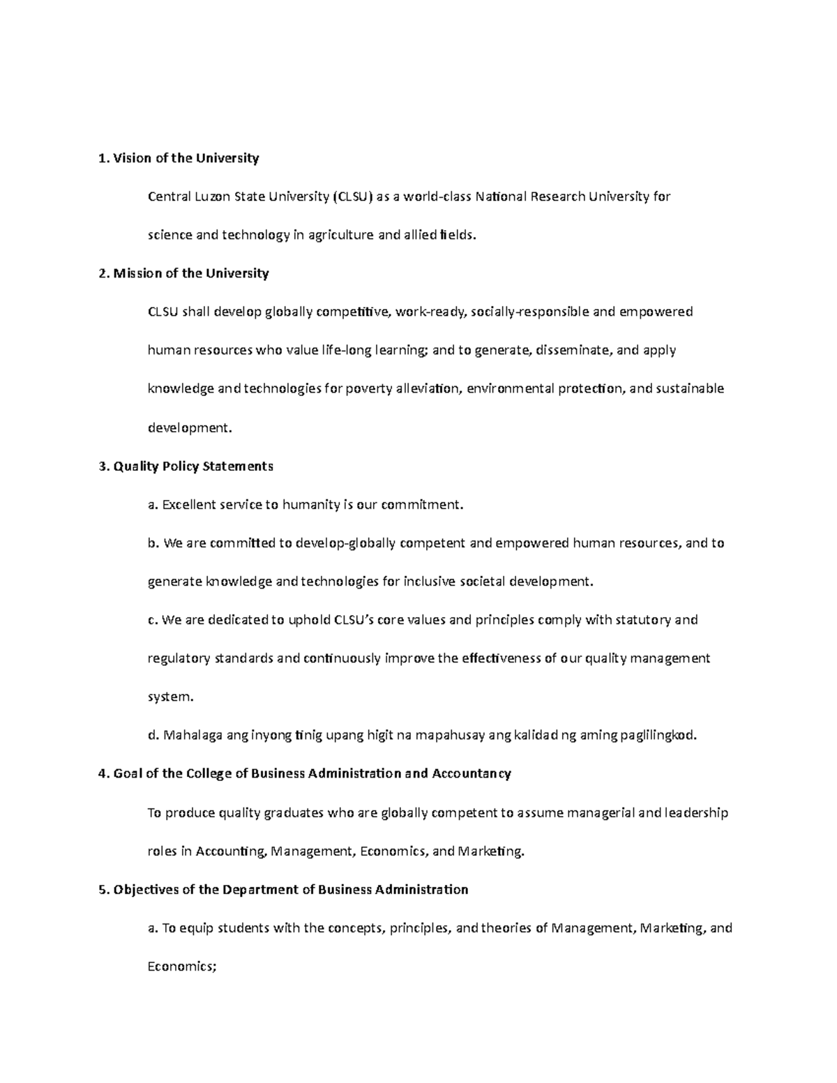 CLSU Assign 2: Vision, Mission & Quality Policy Statements Analysis ...