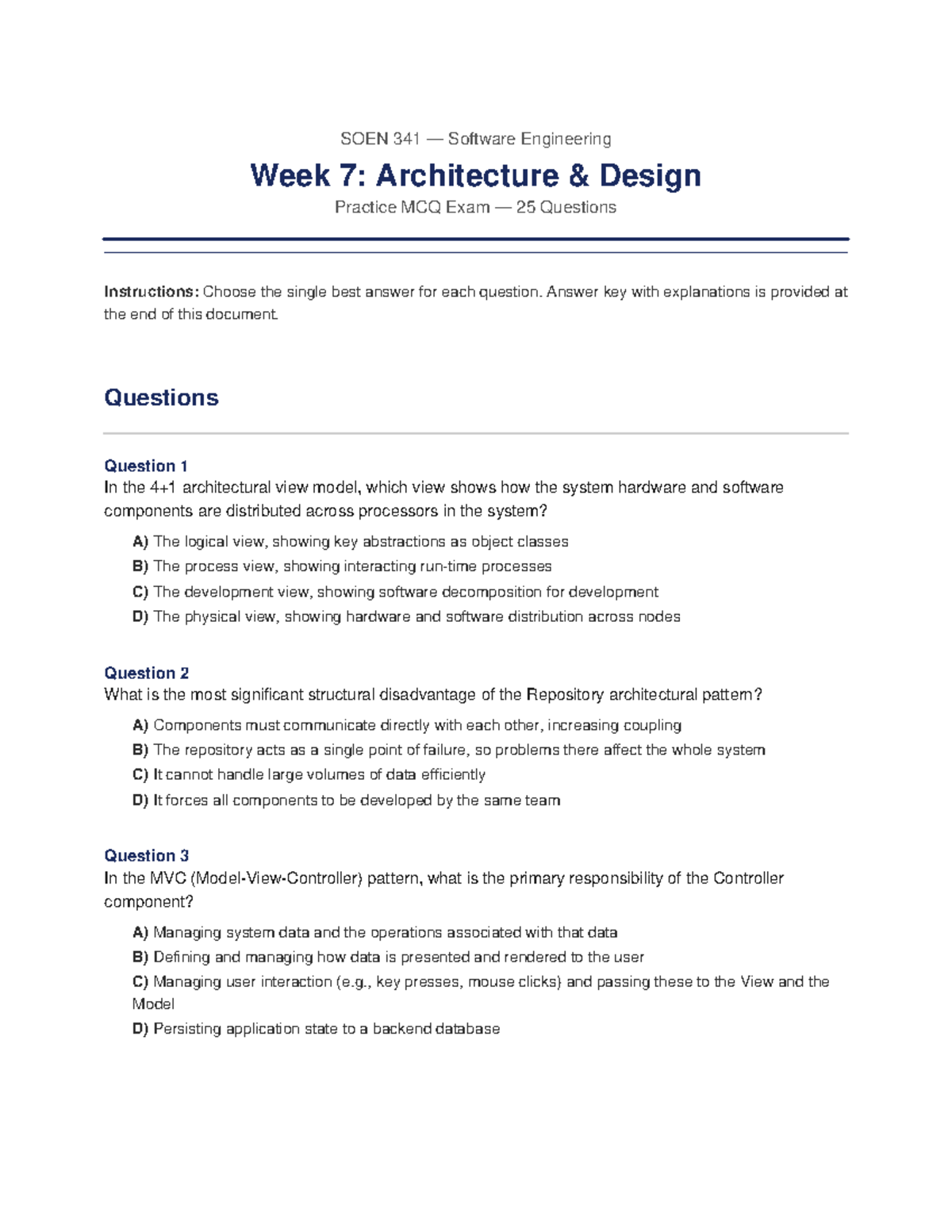 SOEN 341 Software Engineering Week 7: MCQ Exam with Answers - Studocu
