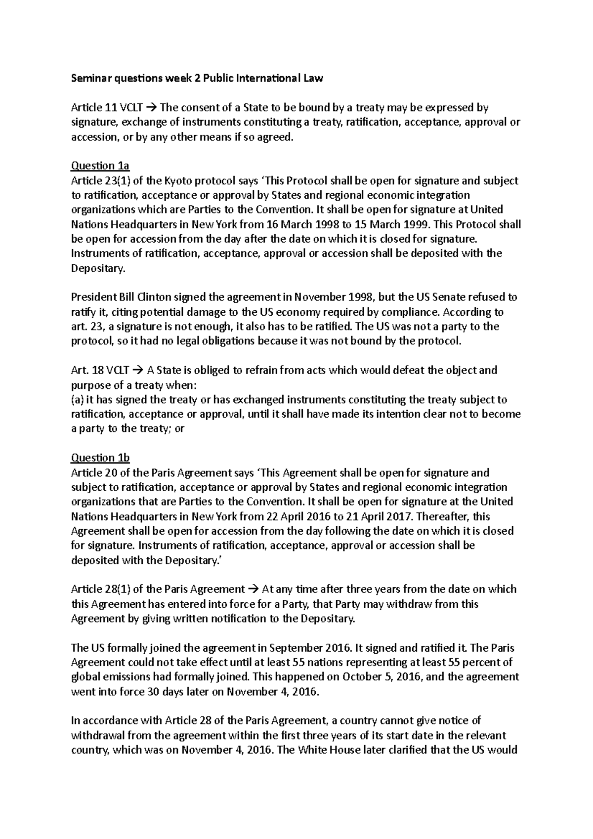 Public International Law Seminar Questions Week 2 (PIL) - Studeersnel