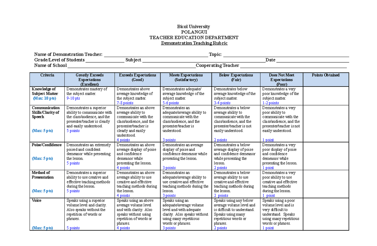 DEM- Teacher Education - Demonstration Teaching Rubric Guide - Studocu