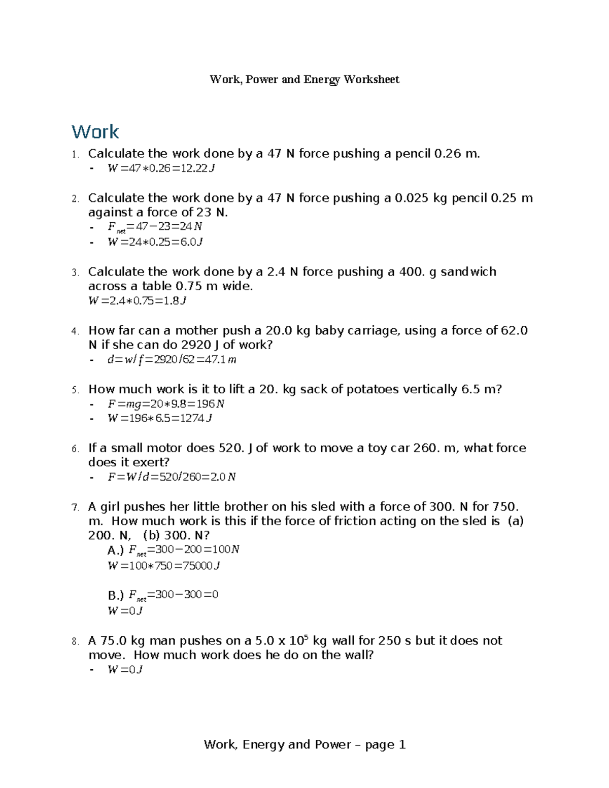 Work, Power, and Energy Worksheet (Course Code: Work 10-27) - Studocu