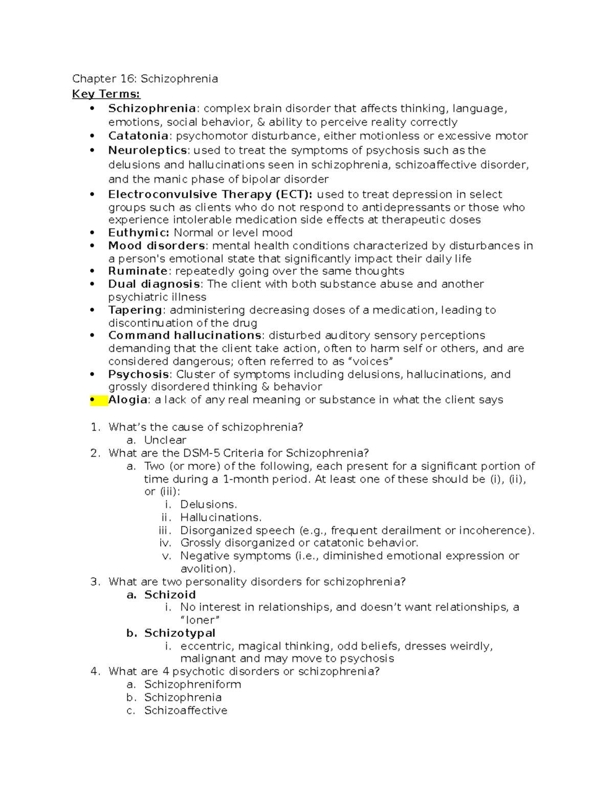 Chapter 16: Schizophrenia Key Terms and Concepts Explained - Studocu