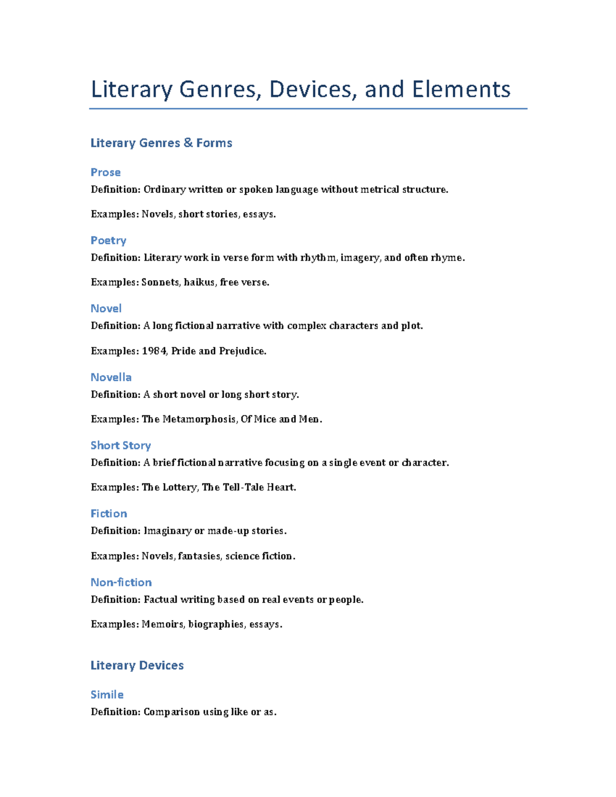 Literature Handout - Literary Genres & Devices Overview - Studocu