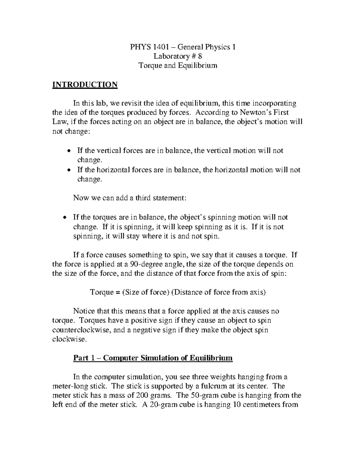 PHYS 1401 - Lab Report #8: Torque and Equilibrium Analysis - Studocu