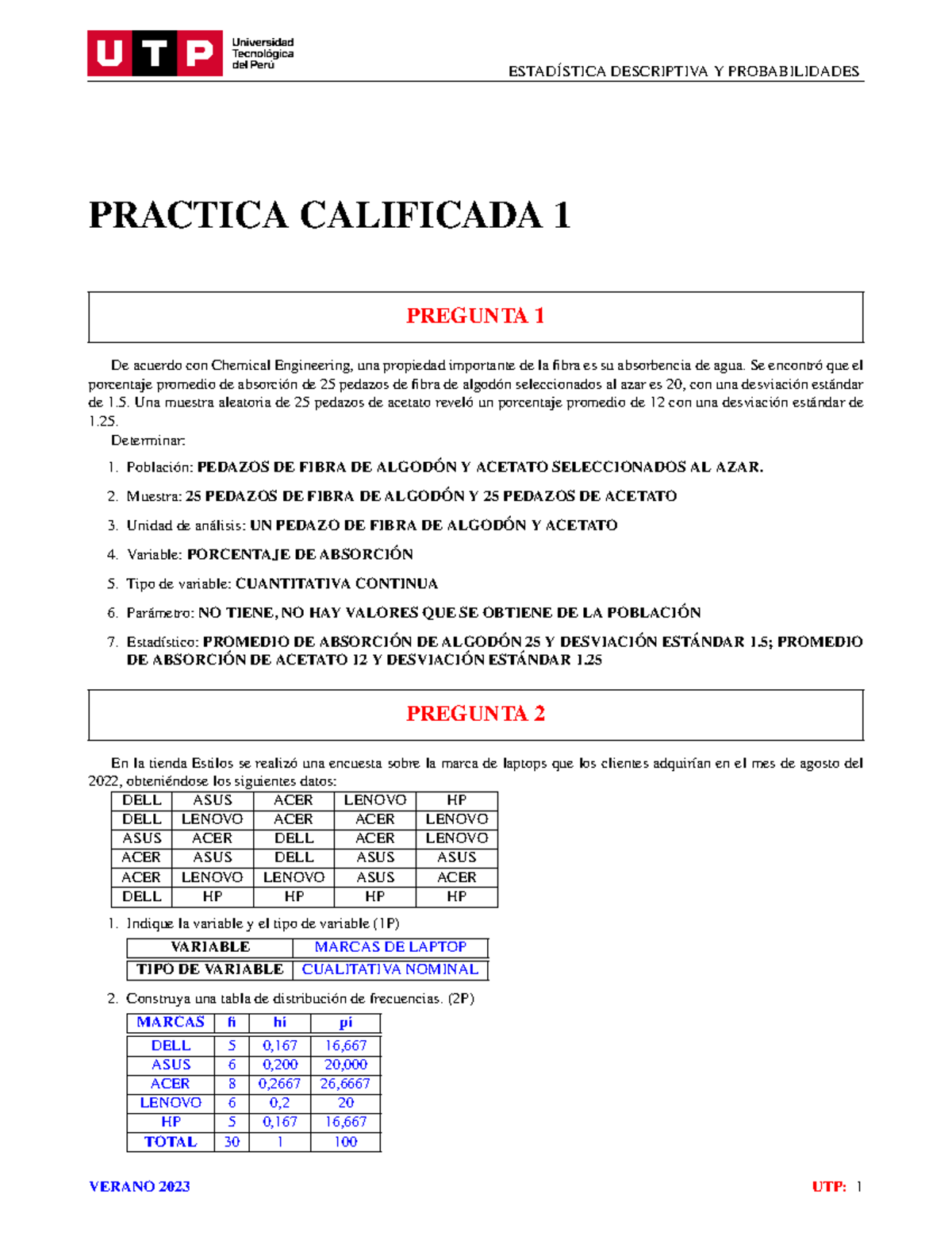 Ejercicios Resueltos - Estadística Descriptiva y Probabilidades UTP: Práctica Calificada 1 y 2 - Document Preview