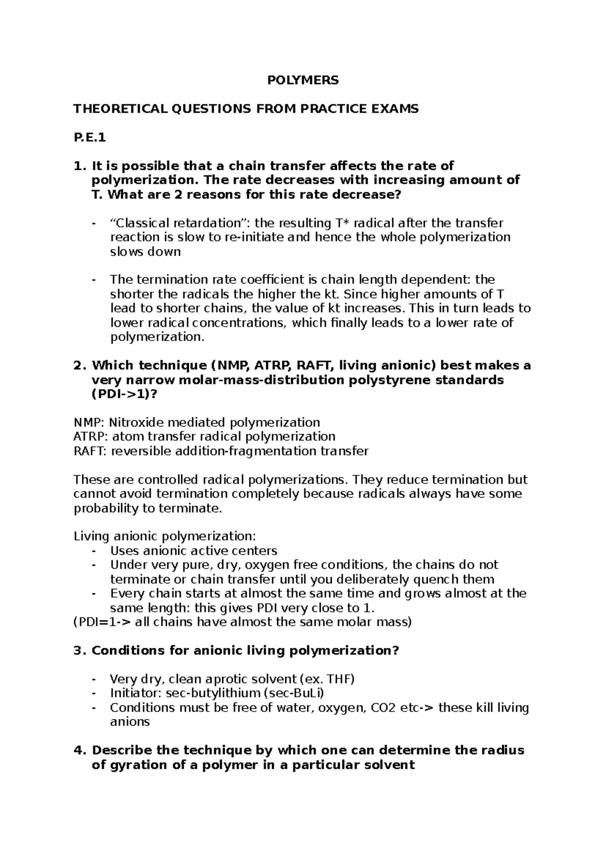 Polymer Final Exam Notes P.E.1: Key Concepts and Techniques - Studeersnel