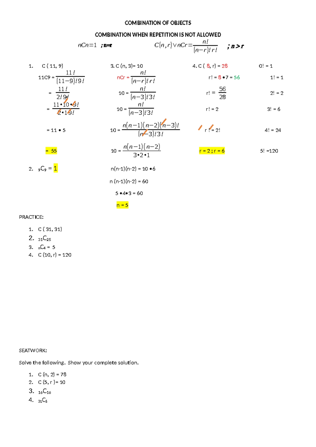 Combination Finding n,r - 5 COMBINATION OF OBJECTS COMBINATION WHEN ...