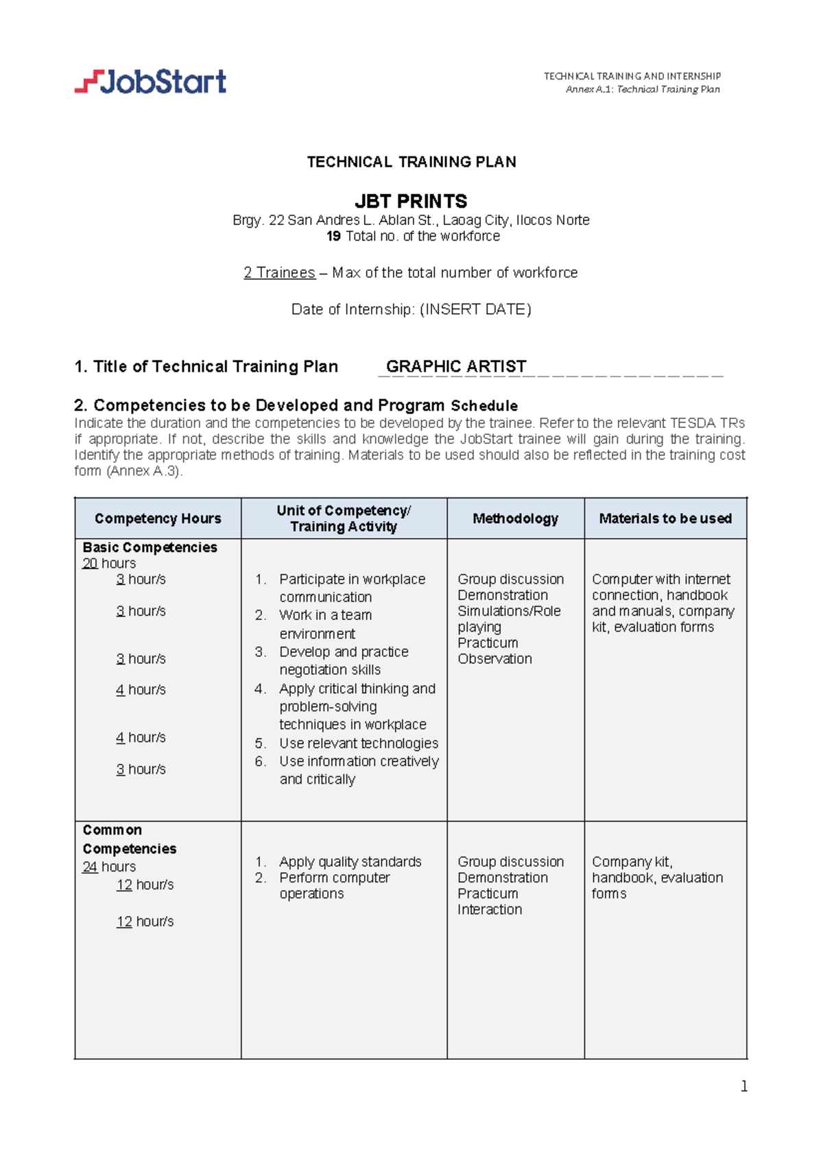 2023 JSP TTP: Technical Training Plan for Graphic Artist at JBT Prints ...