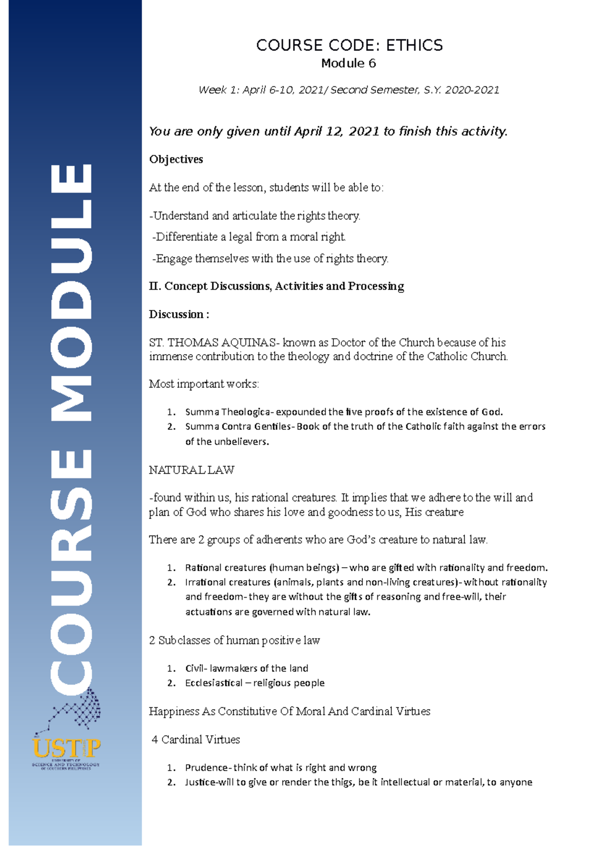 Module April 10 Rights Theory - COURSE CODE: ETHICS Module 6 Week 1 ...