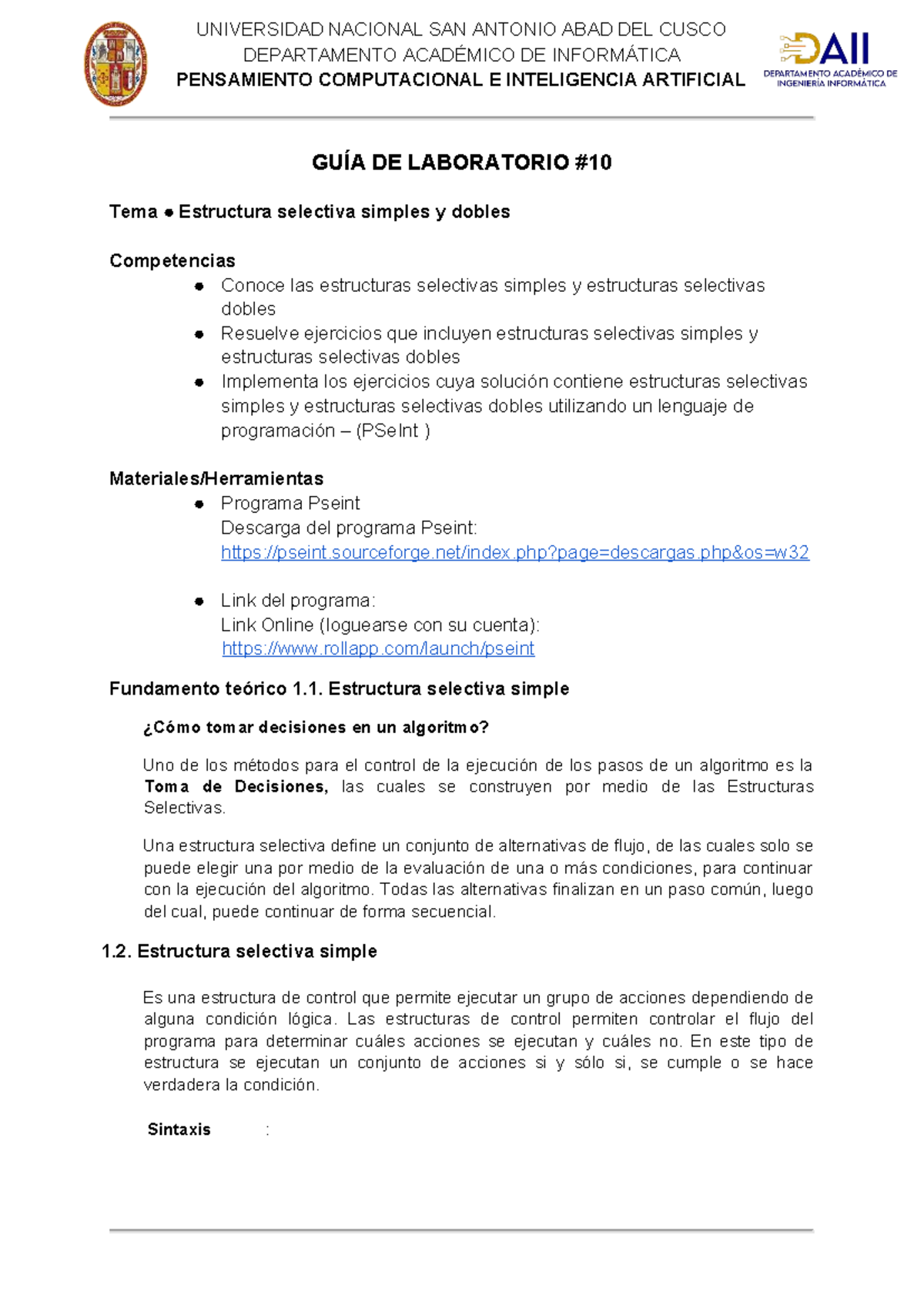 Guía de Laboratorio: Estructuras Selectivas Simples y Dobles - PCEI 10 ...
