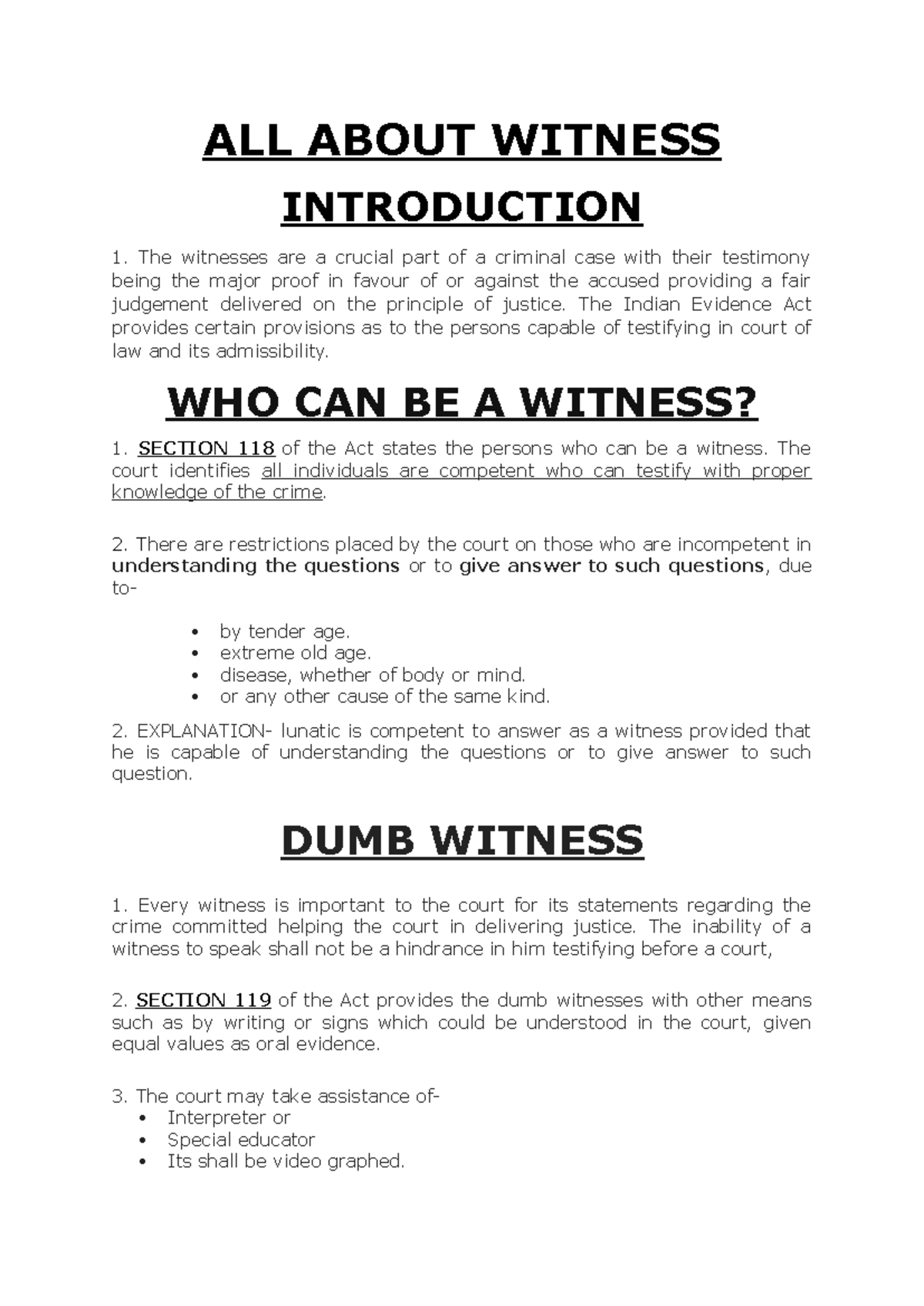 Important Notes on Witnesses and Their Legal Role (LAW101) - Studocu