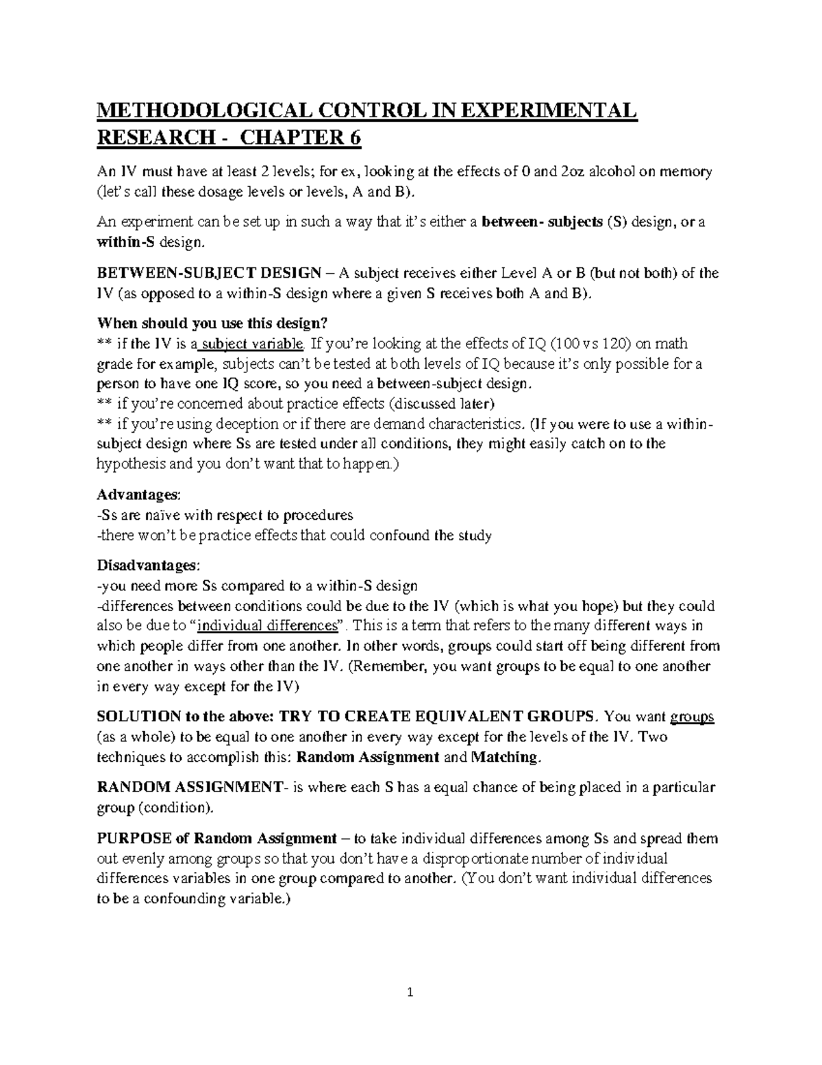 PSYC 2030 - Chapter 6 notes - METHODOLOGICAL CONTROL IN EXPERIMENTAL ...