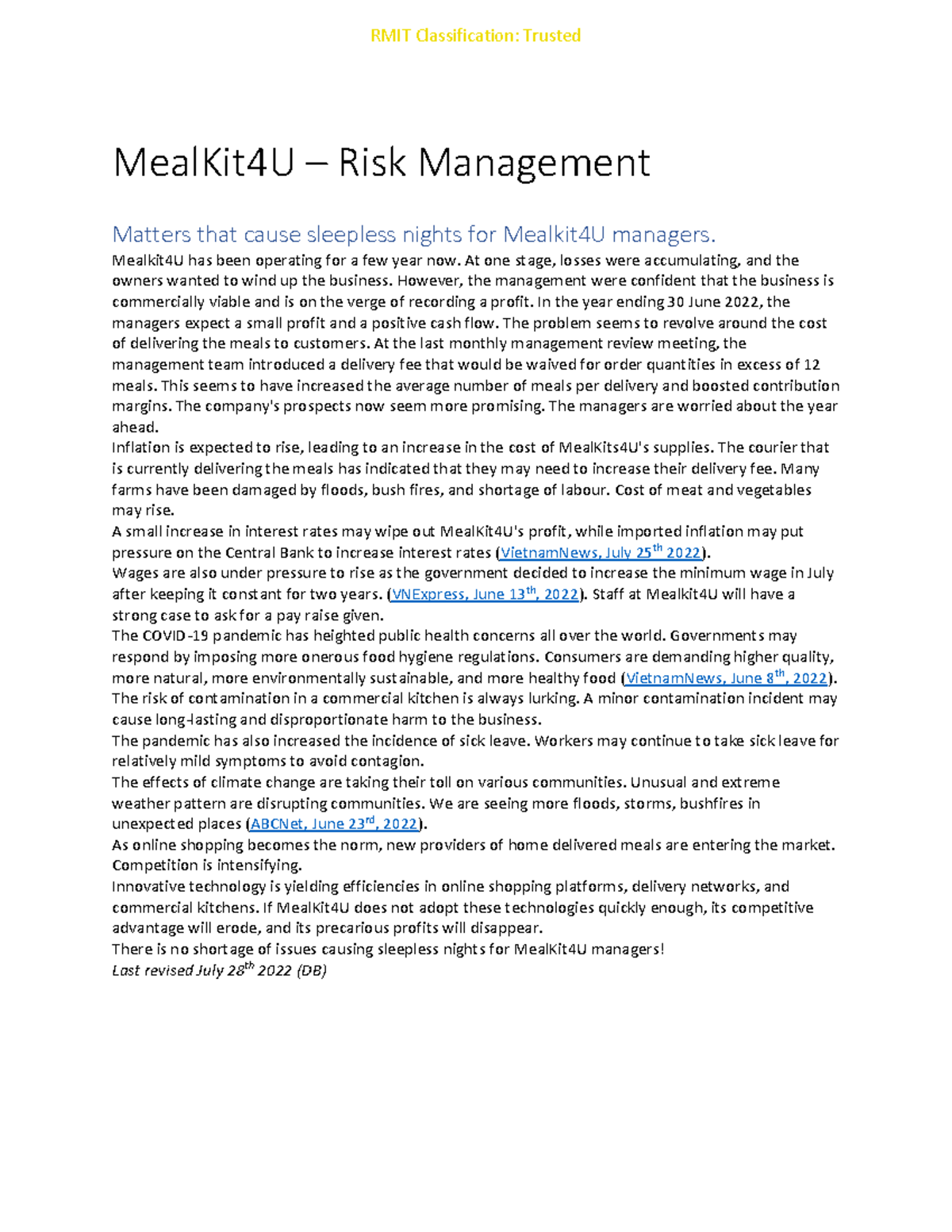 Mealkit4U Risk Management Strategies - Risk Assessment 4U - Studocu