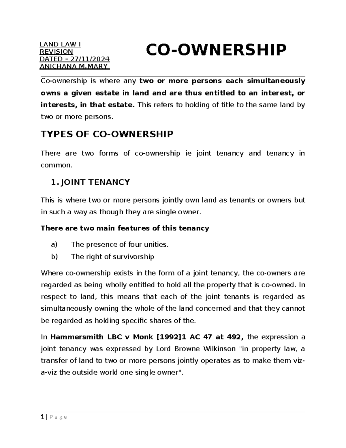 CO-492 LAND LAW I: Co-Ownership Concepts and Types Explained - Studocu